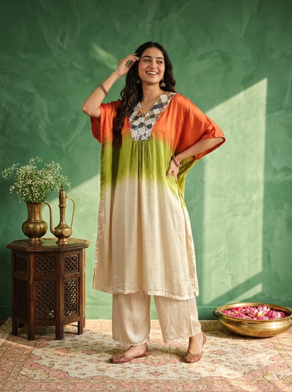 Ombre Printed Kaftan Kurta with Pants – Orange, Green &amp; Beige