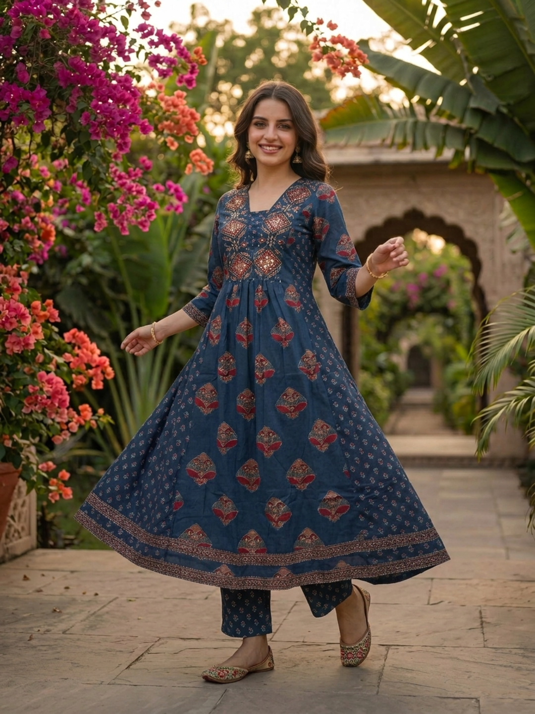 Indigo Blue Floral Cotton Anarkali Set with Bead & Sequin Embroidery, Palazzo & Printed Dupatta