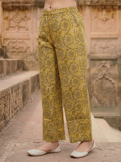 Yellow Kalamkari Floral Printed Embroidered Cotton Blend Straight Kurta Set with Palazzo