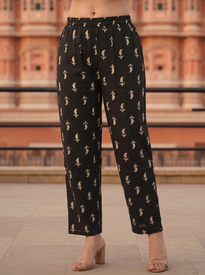 Black Ethnic Printed Mirror Embroidered Cotton Straight Kurta Set with Pant and Dupatta