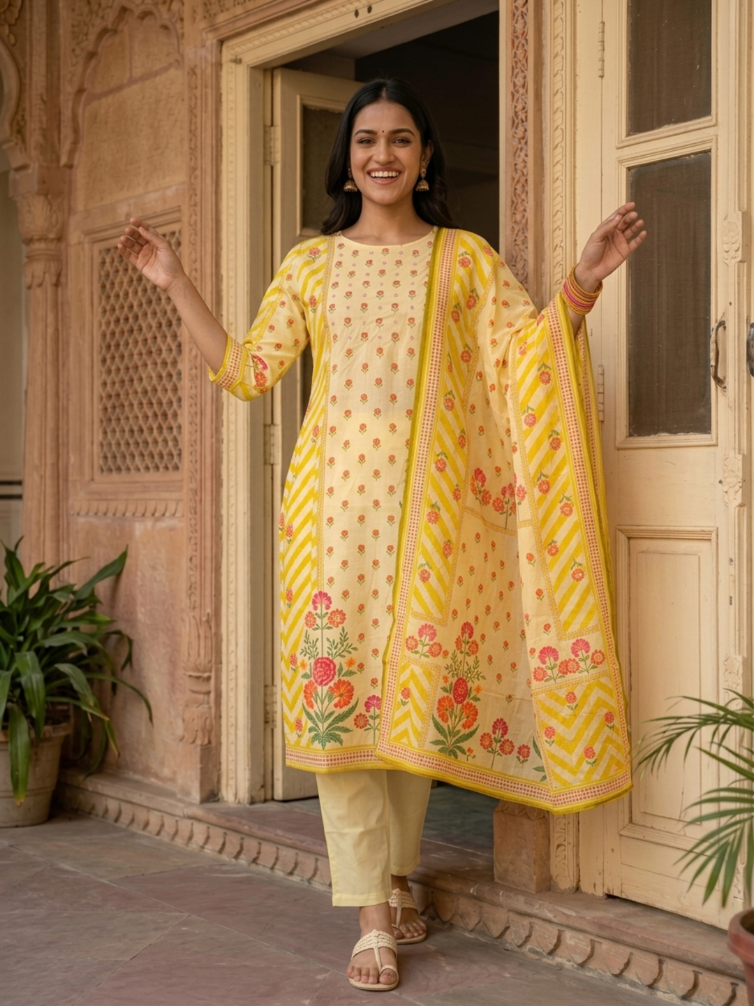 Lemon Yellow Floral Cotton Kurta Set with Embroidery, Pant & Printed Dupatta