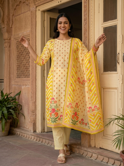 Lemon Yellow Floral Cotton Kurta Set with Embroidery, Pant & Printed Dupatta