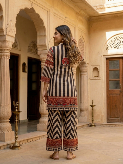 Multi Ethnic Floral Print Modal Silk A-Line Co-ord Set with Sequins, Shirt Collar & Multi Silk Blend Palazzo