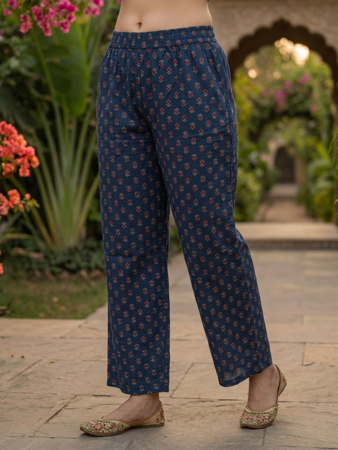 Indigo Blue Floral Cotton Anarkali Set with Bead & Sequin Embroidery, Palazzo & Printed Dupatta