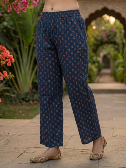 Indigo Blue Floral Cotton Anarkali Set with Bead & Sequin Embroidery, Palazzo & Printed Dupatta