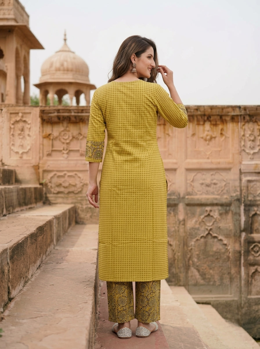 Yellow Kalamkari Floral Printed Embroidered Cotton Blend Straight Kurta Set with Palazzo