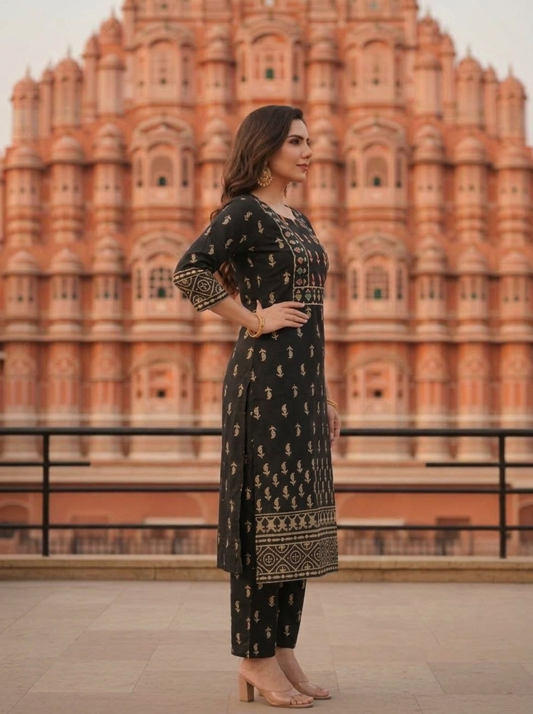 Black Ethnic Printed Mirror Embroidered Cotton Straight Kurta Set with Pant and Dupatta