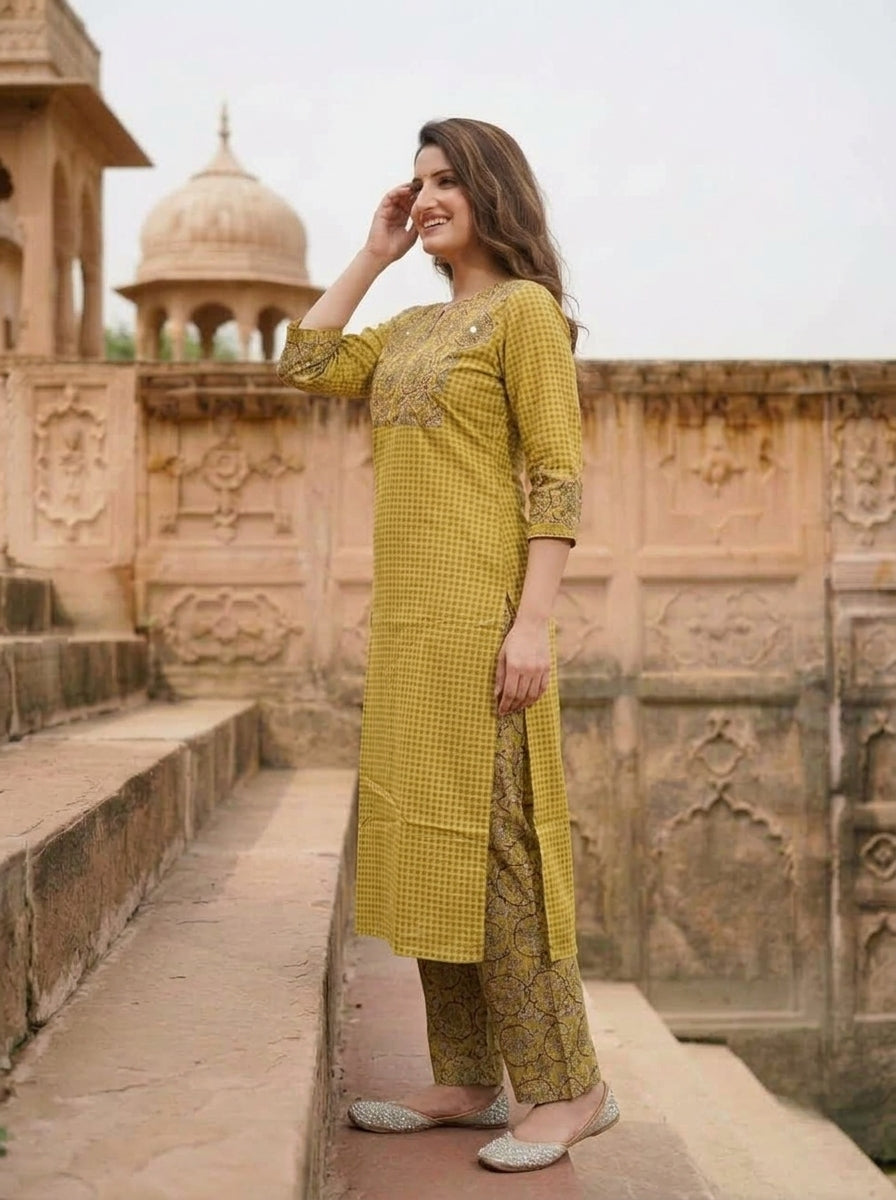 Yellow Kalamkari Floral Printed Embroidered Cotton Blend Straight Kurta Set with Palazzo