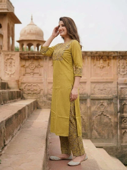Yellow Kalamkari Floral Printed Embroidered Cotton Blend Straight Kurta Set with Palazzo