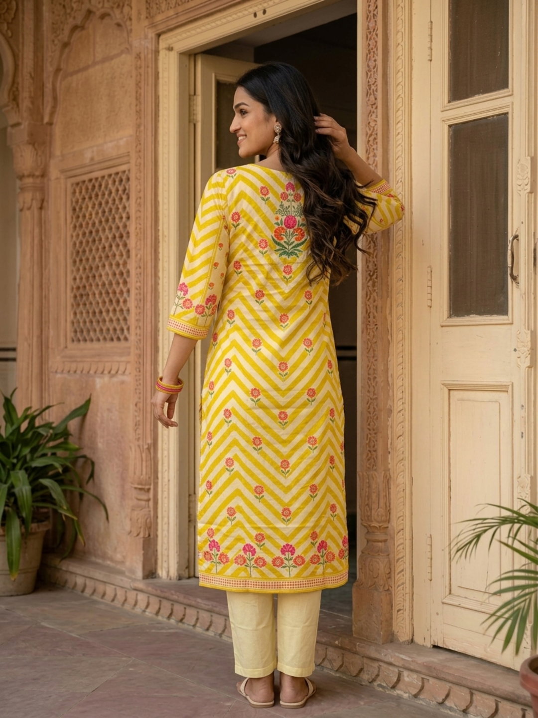 Lemon Yellow Floral Cotton Kurta Set with Embroidery, Pant & Printed Dupatta