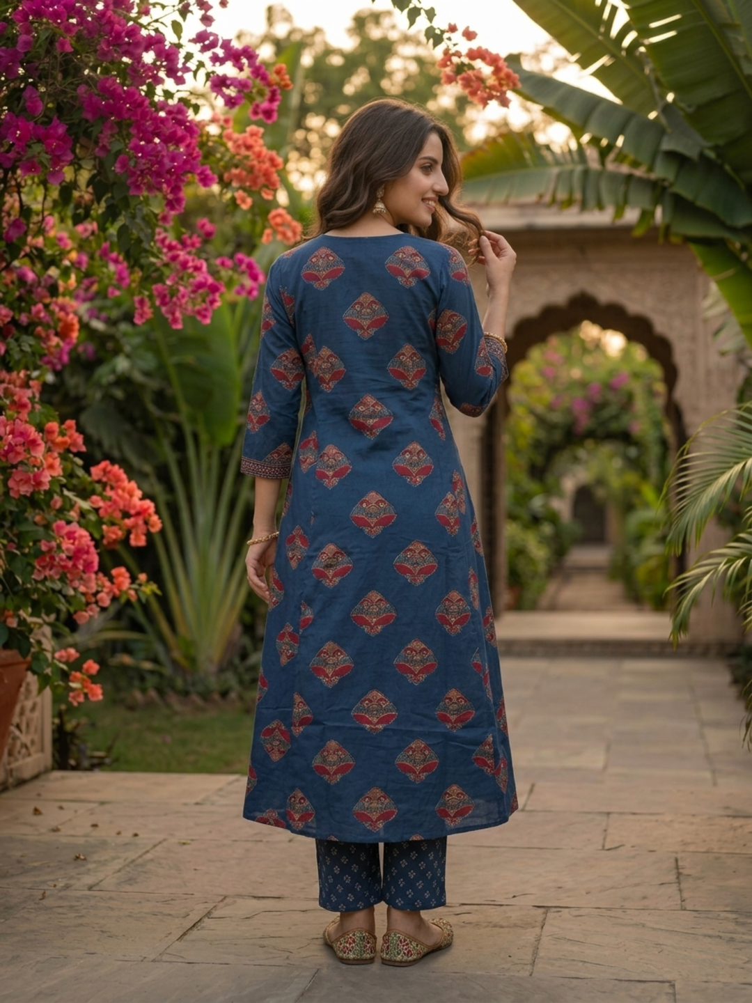 Indigo Blue Floral Cotton Anarkali Set with Bead & Sequin Embroidery, Palazzo & Printed Dupatta