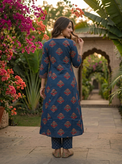 Indigo Blue Floral Cotton Anarkali Set with Bead & Sequin Embroidery, Palazzo & Printed Dupatta