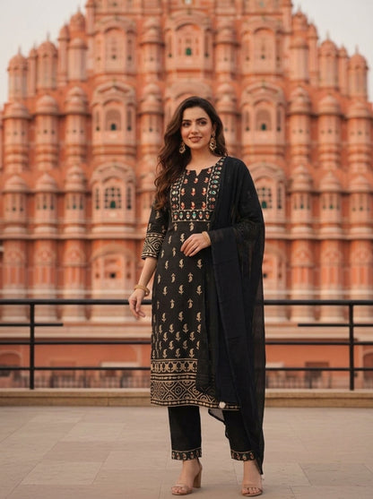 Black Ethnic Printed Mirror Embroidered Cotton Straight Kurta Set with Pant and Dupatta