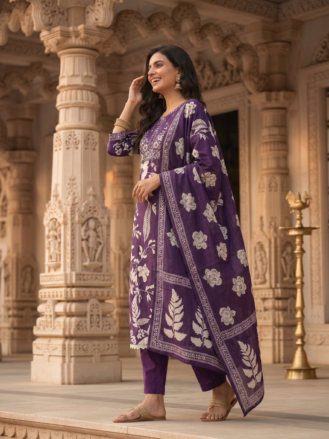 Floral Embroidered A-Line Cotton Kurta with Pant & Printed Voile Dupatta - Purple