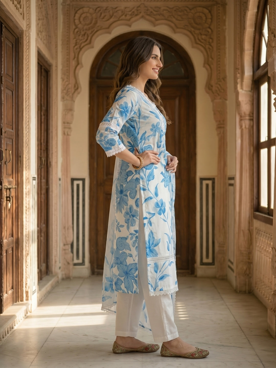 Abstract Floral Printed Straight Kurta with Pant & Dupatta - Blue