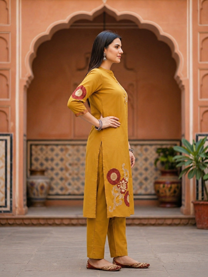 Solid Embroidered A-Line Kurta with Palazzo Co-ord Set - Mustard
