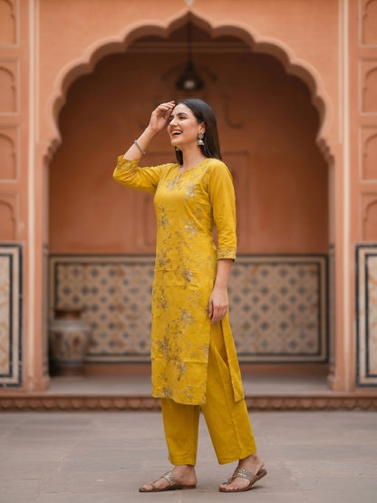 Solid Floral Embroidered Straight Kurta with Palazzo and Dupatta - Mustard