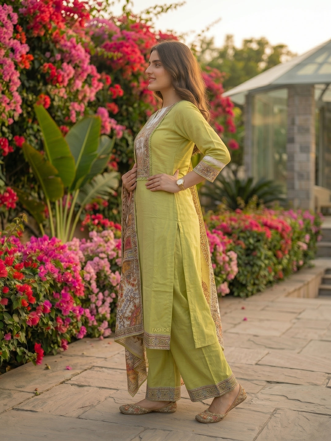Solid Mirror Work & Sequin Straight Kurta with Palazzo & Dupatta - Lime Green