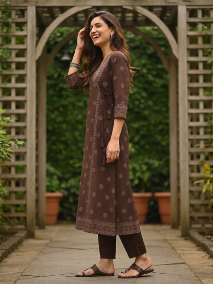 Coffee Brown Bandhani Printed Embroidered Anarkali with Palazzo & Dupatta