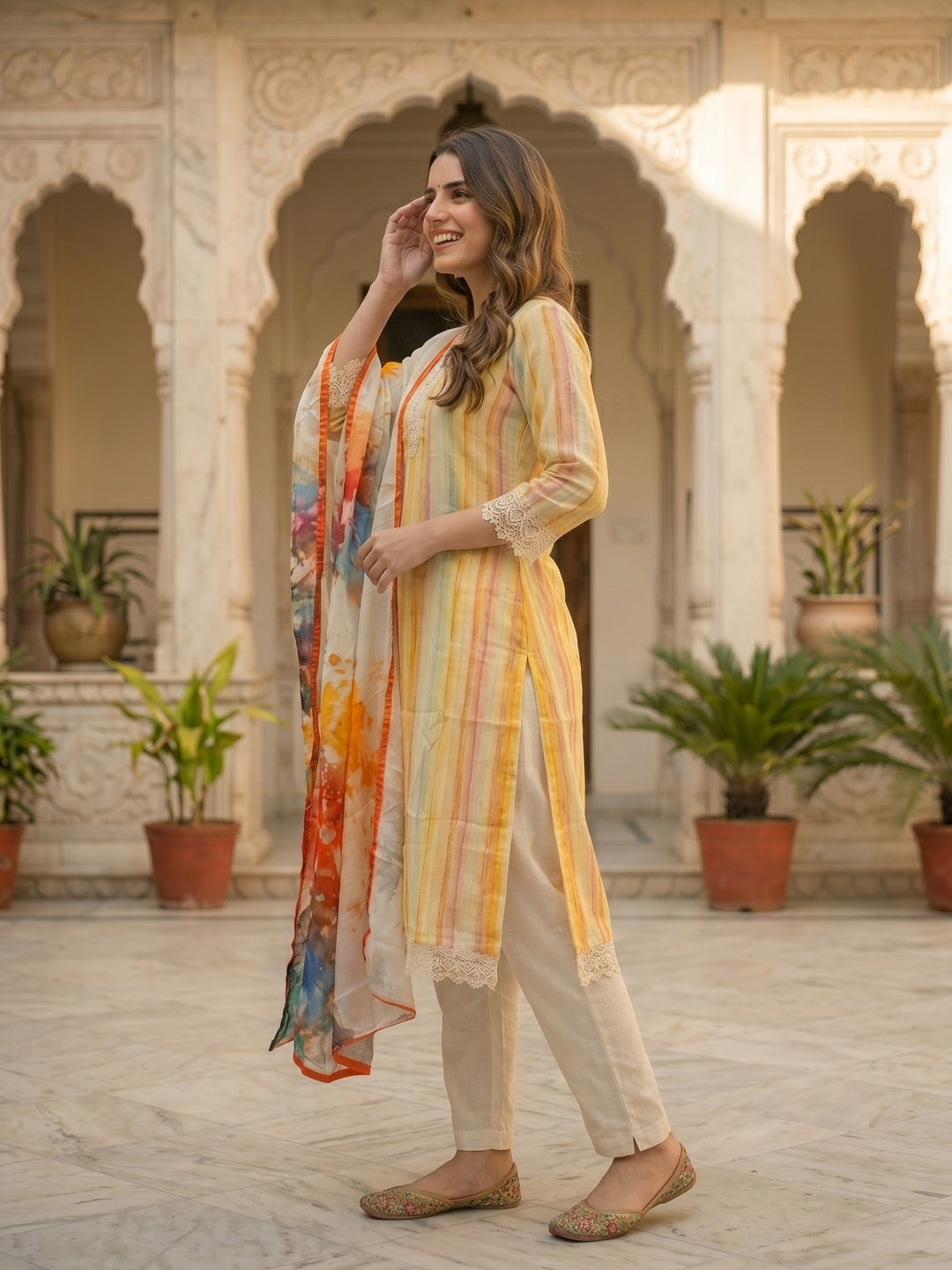 Checks & Stripes Printed Lace Straight Kurta with Pant & Dupatta - Multi