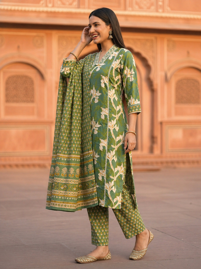 Floral Paisley Printed & Embroidered Straight Kurta with Pant & Dupatta - Green
