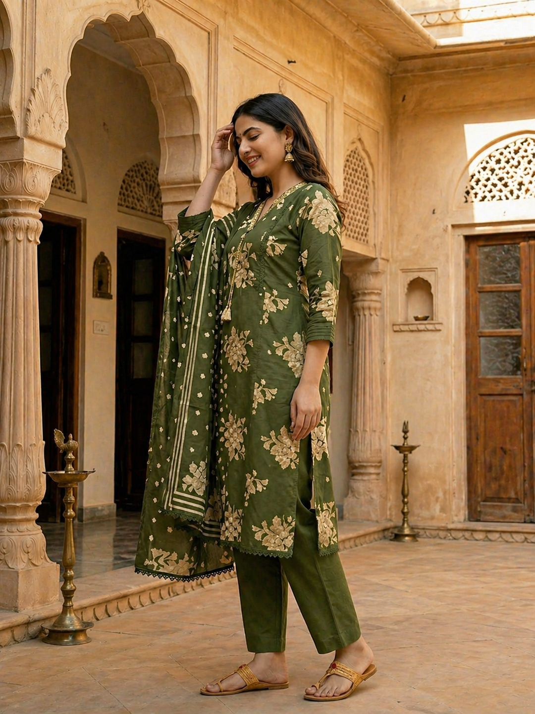 Floral Printed & Embroidered Straight Kurta with Pant & Dupatta - Green