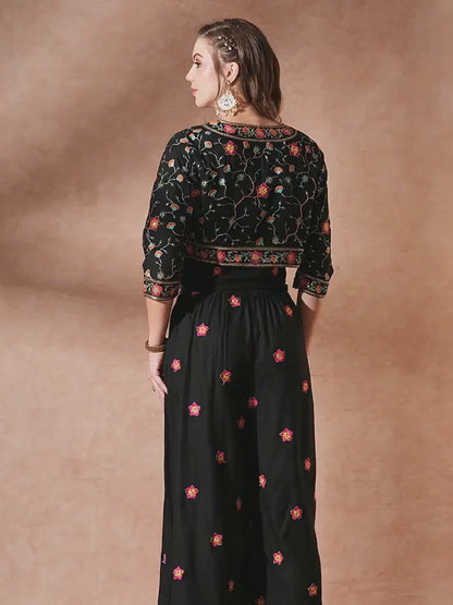 Solid Ethnic Floral Embroidered Crop Top with Short Jacket and Flared Palazzo - Black