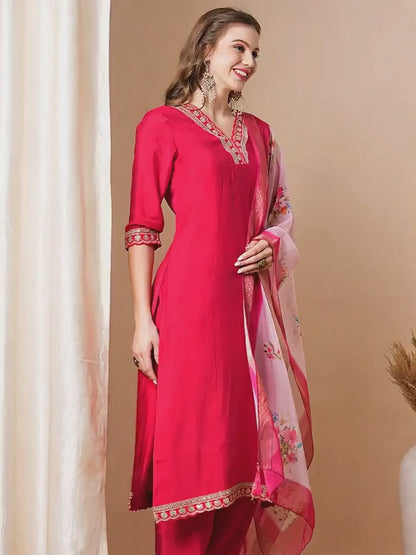 Solid Ethnic Embroidered Straight Fit Kurta with Pant & Dupatta - Red