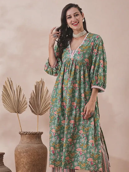 Ethnic Floral & Stripes Printed A-Line Pleated Kurta with Palazzo - Green