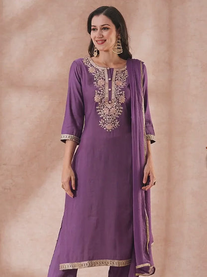 Solid Floral Embroidered Straight Fit Kurta with Pant & Dupatta - Purple