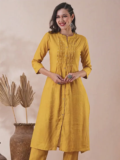 Solid Pin Tucked & Mirror Embroidered A-Line Co-ord Set - Mustard