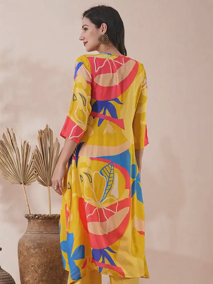 Abstract Printed A-Line Kurta with Palazzo - Yellow