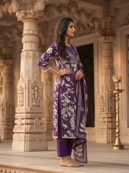 Floral Embroidered A-Line Cotton Kurta with Pant & Printed Voile Dupatta - Purple