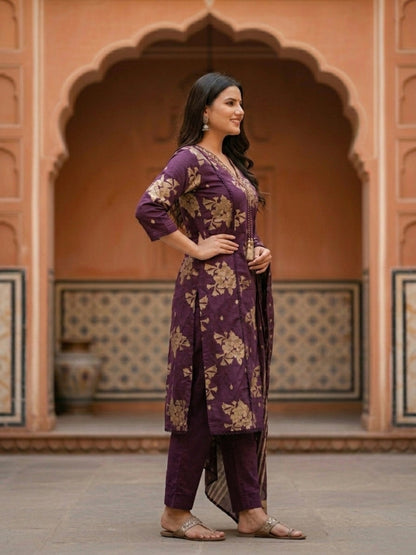 Floral Printed & Embroidered A-Line Kurta with Pant & Dupatta - Deep Purple