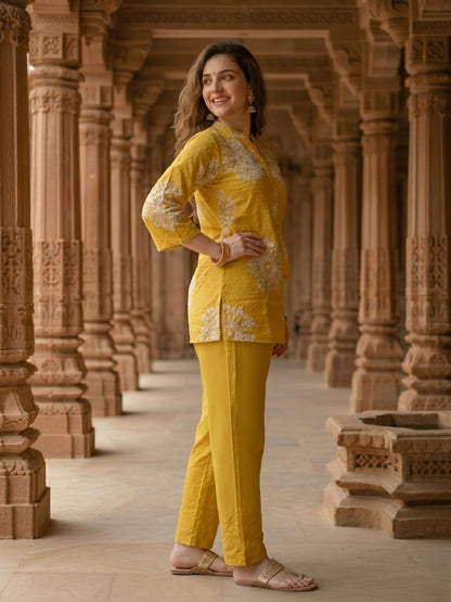 Abstract Printed Schiffili A-Line Kurta with Palazzo Co-ord Set - Yellow
