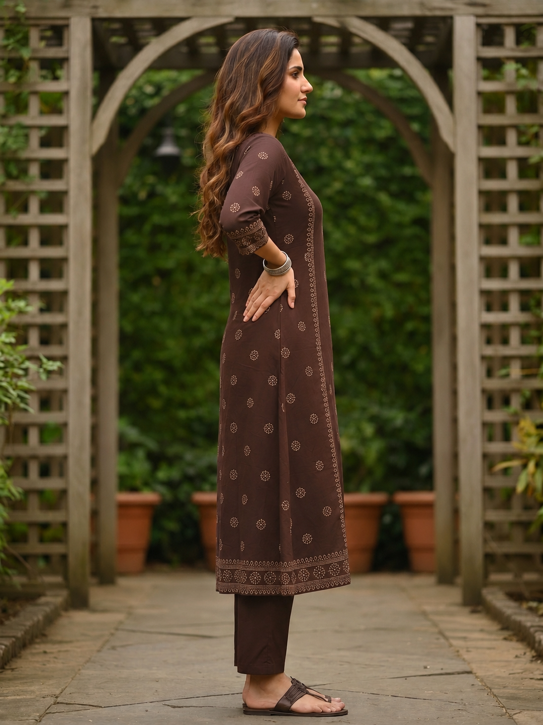 Coffee Brown Bandhani Printed Embroidered Anarkali with Palazzo & Dupatta