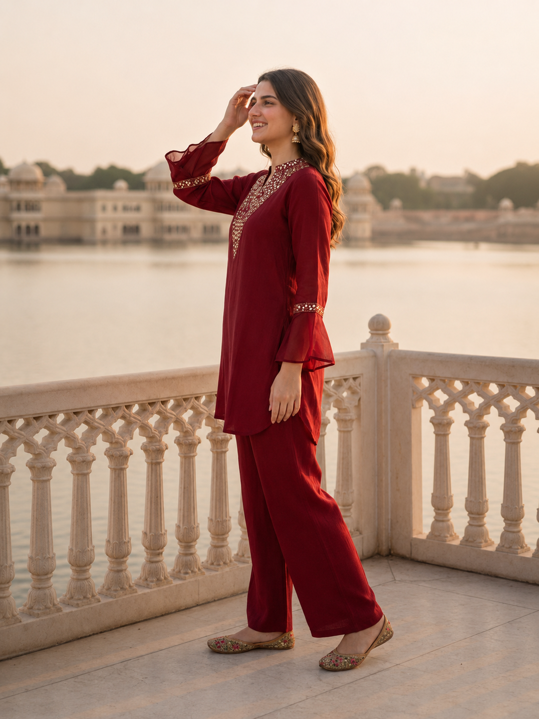 Maroon Solid Chiffon A-Line Kurta Set with Sequin Handwork & Tassel, Silk Crepe Palazzo