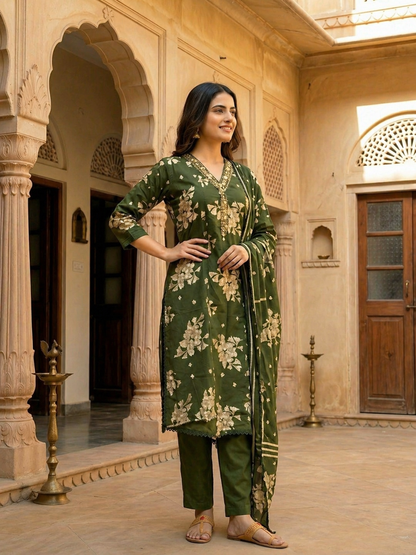Floral Printed & Embroidered Straight Kurta with Pant & Dupatta - Green