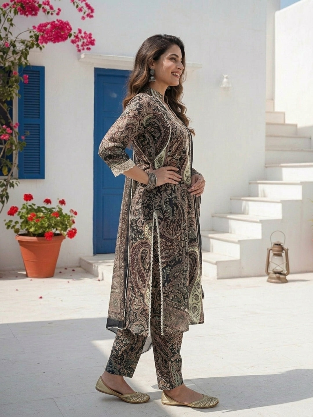 Paisley Ethnic Printed Lace A-Line Kurta with Palazzo & Dupatta - Black