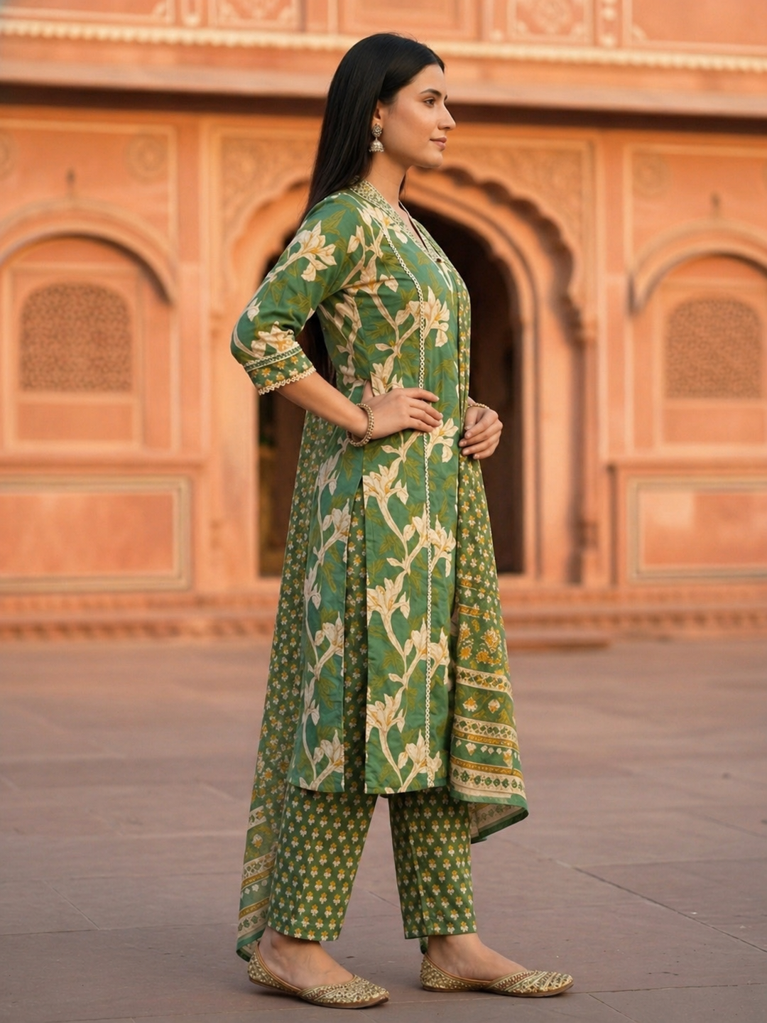 Floral Paisley Printed & Embroidered Straight Kurta with Pant & Dupatta - Green