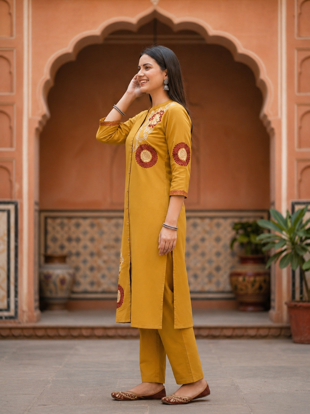 Solid Embroidered A-Line Kurta with Palazzo Co-ord Set - Mustard