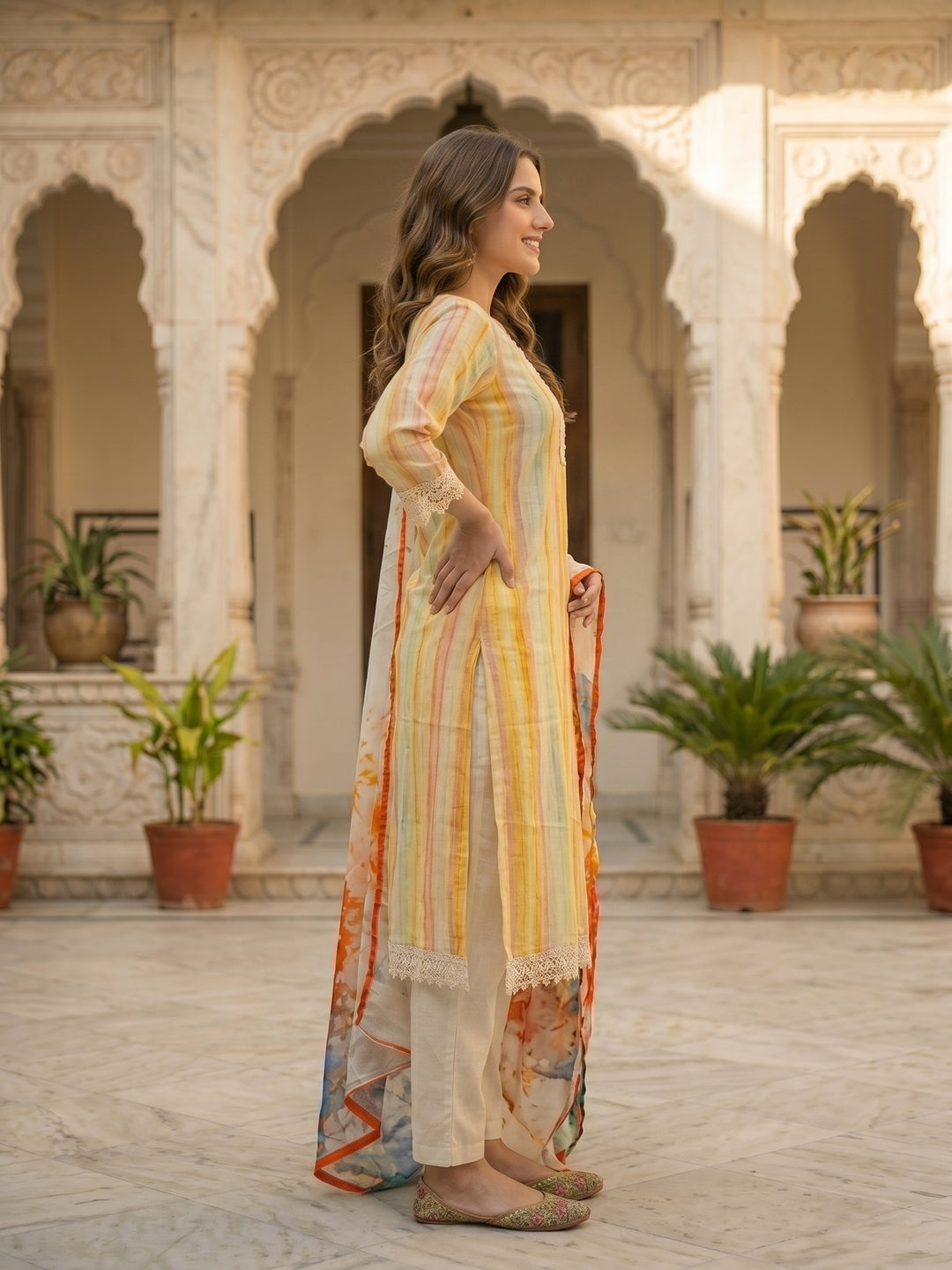 Checks & Stripes Printed Lace Straight Kurta with Pant & Dupatta - Multi