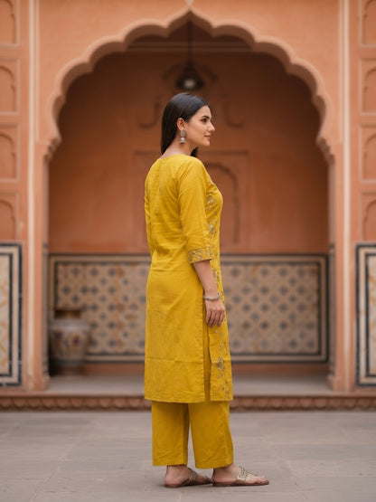 Solid Floral Embroidered Straight Kurta with Palazzo and Dupatta - Mustard