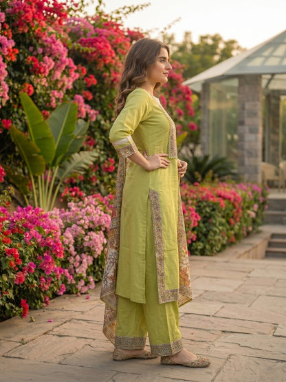 Solid Mirror Work & Sequin Straight Kurta with Palazzo & Dupatta - Lime Green