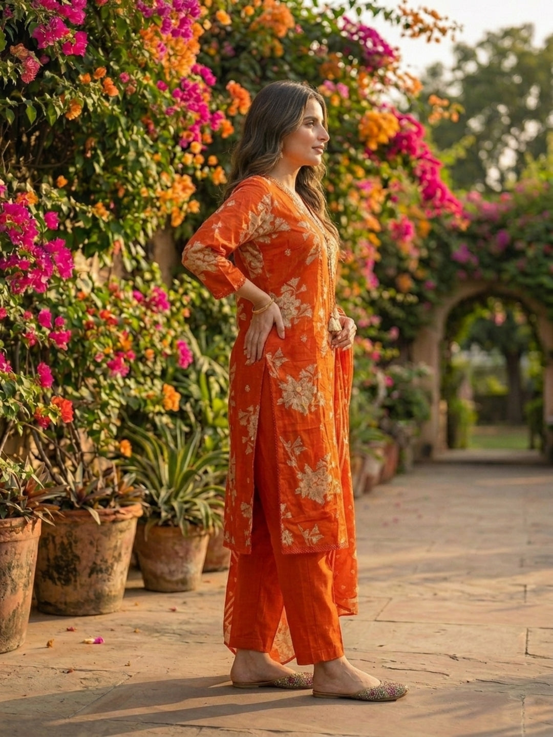 Floral Printed & Embroidered Straight Kurta with Pant & Dupatta - Orange