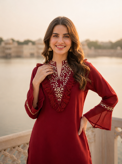 Maroon Solid Chiffon A-Line Kurta Set with Sequin Handwork & Tassel, Silk Crepe Palazzo