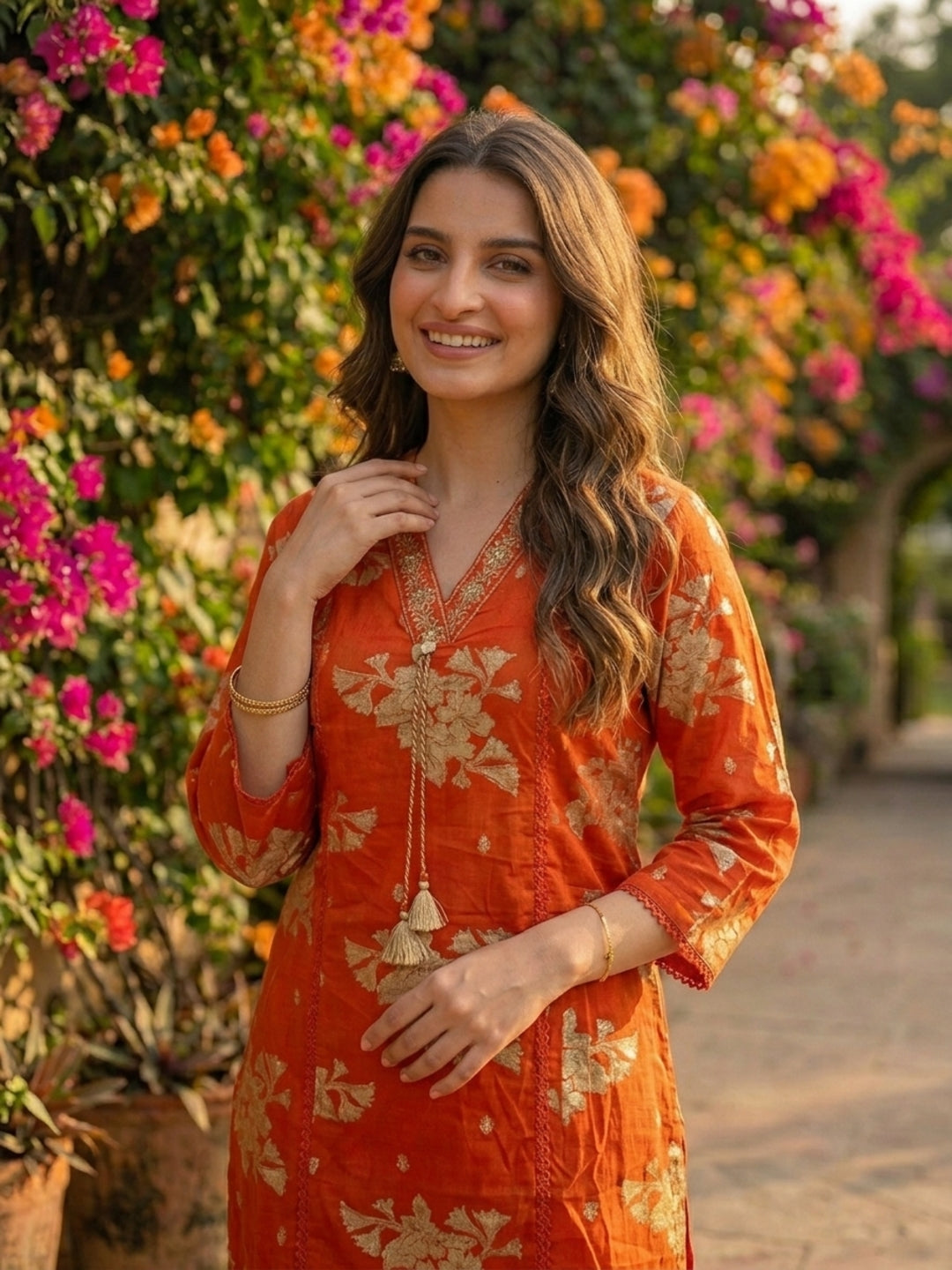 Floral Printed & Embroidered Straight Kurta with Pant & Dupatta - Orange