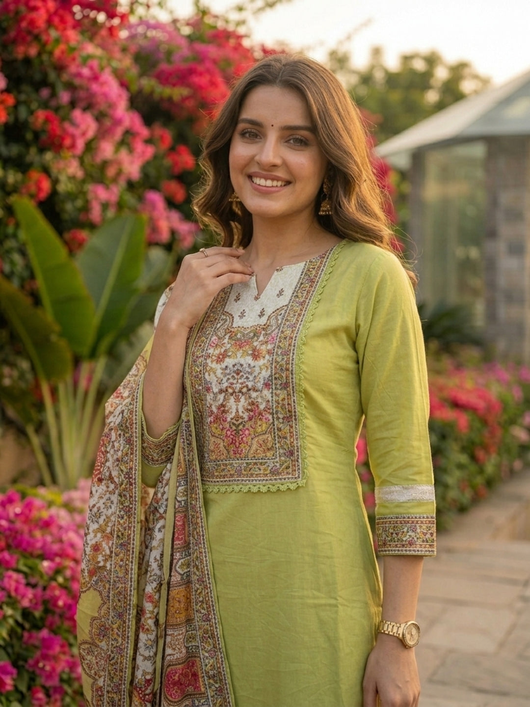 Solid Mirror Work & Sequin Straight Kurta with Palazzo & Dupatta - Lime Green