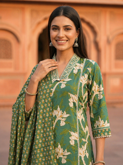 Floral Paisley Printed & Embroidered Straight Kurta with Pant & Dupatta - Green