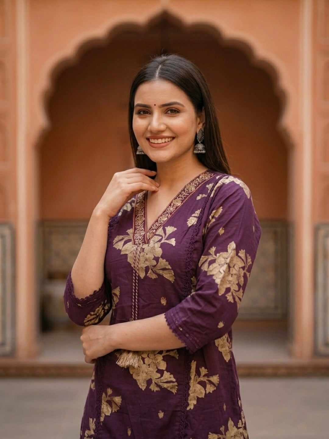 Floral Printed & Embroidered A-Line Kurta with Pant & Dupatta - Deep Purple